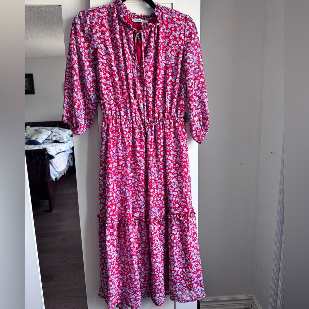 Floral Long Sleeve Dress - Red and White